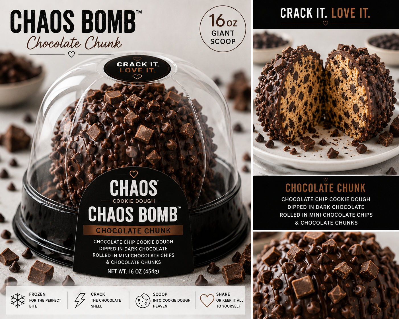 Chaos Bomb Chocolate Chunk — packaging, cross-section, and ingredients