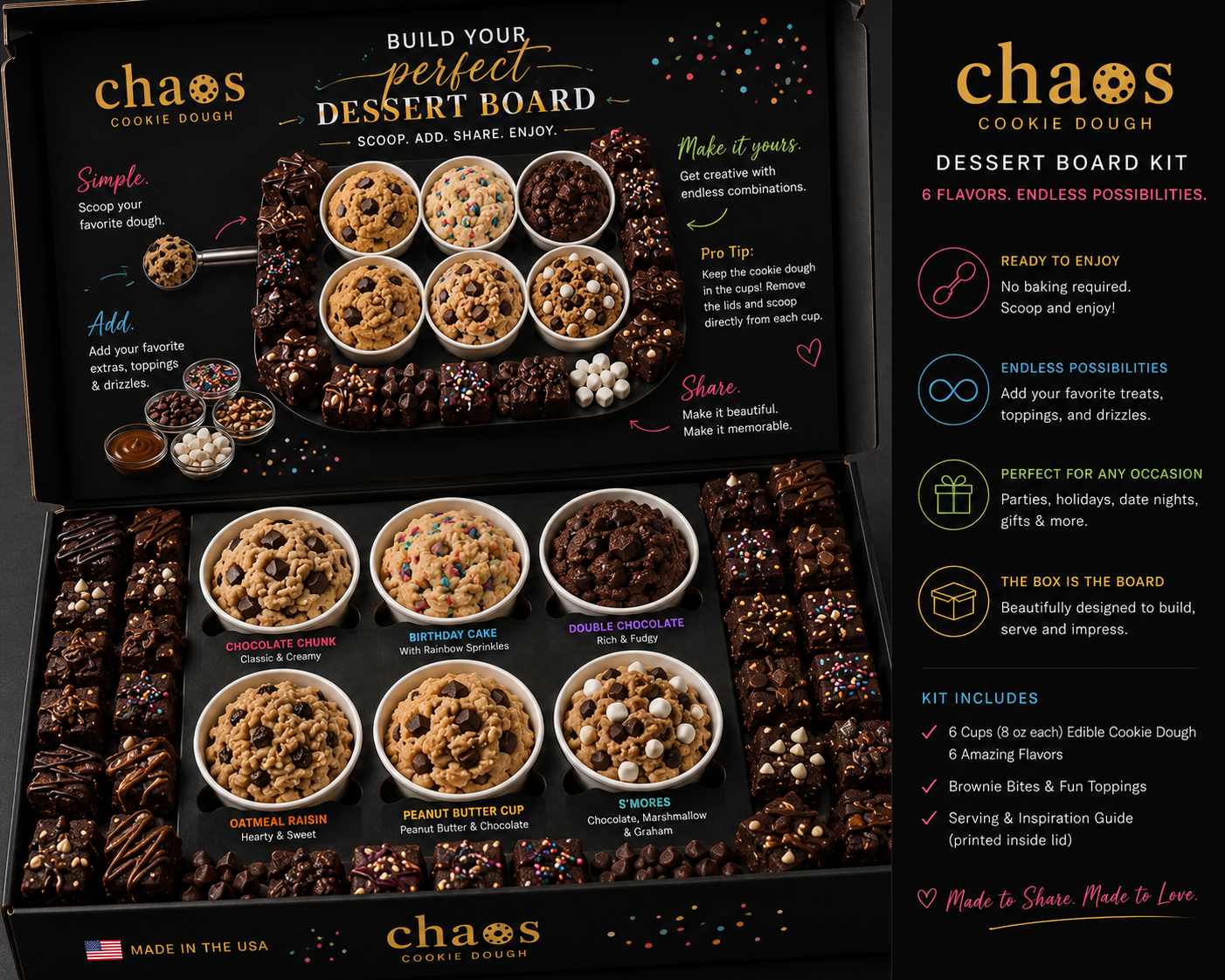 The Scoop Board™ Dessert Board Kit — six cups of chocolate chunk cookie dough with pretzels, chocolate, marshmallows, brownie bites and fresh fruit