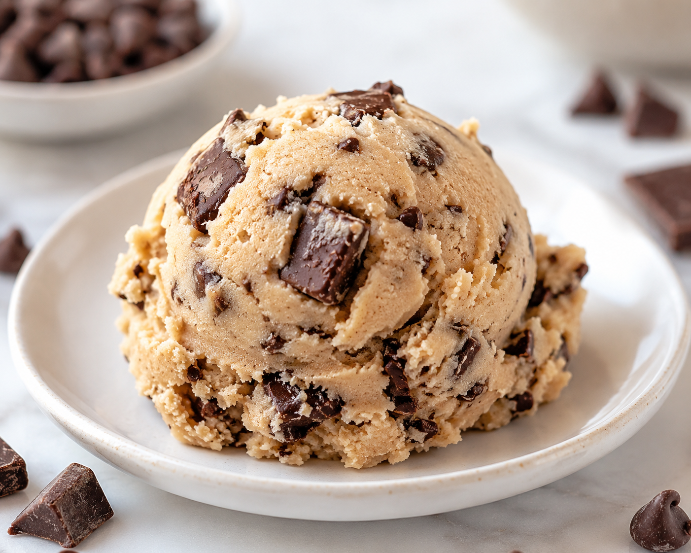 A generous scoop of Chocolate Chunk cookie dough on a ceramic plate
