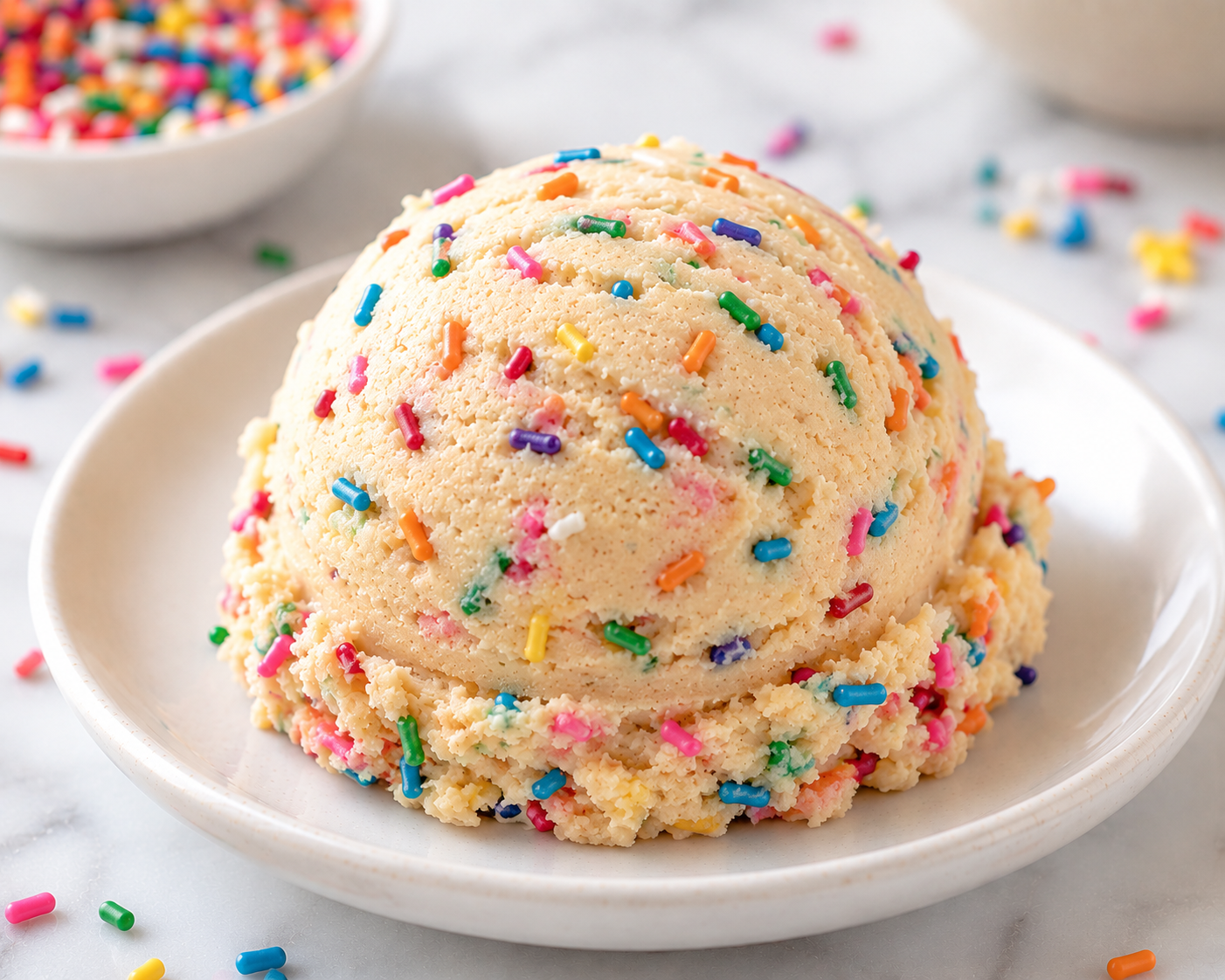 A generous scoop of Birthday Cake cookie dough with rainbow sprinkles on a ceramic plate