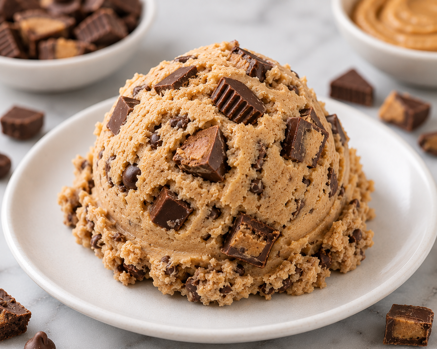 A generous scoop of Peanut Butter cookie dough with chocolate PB cup pieces on a ceramic plate