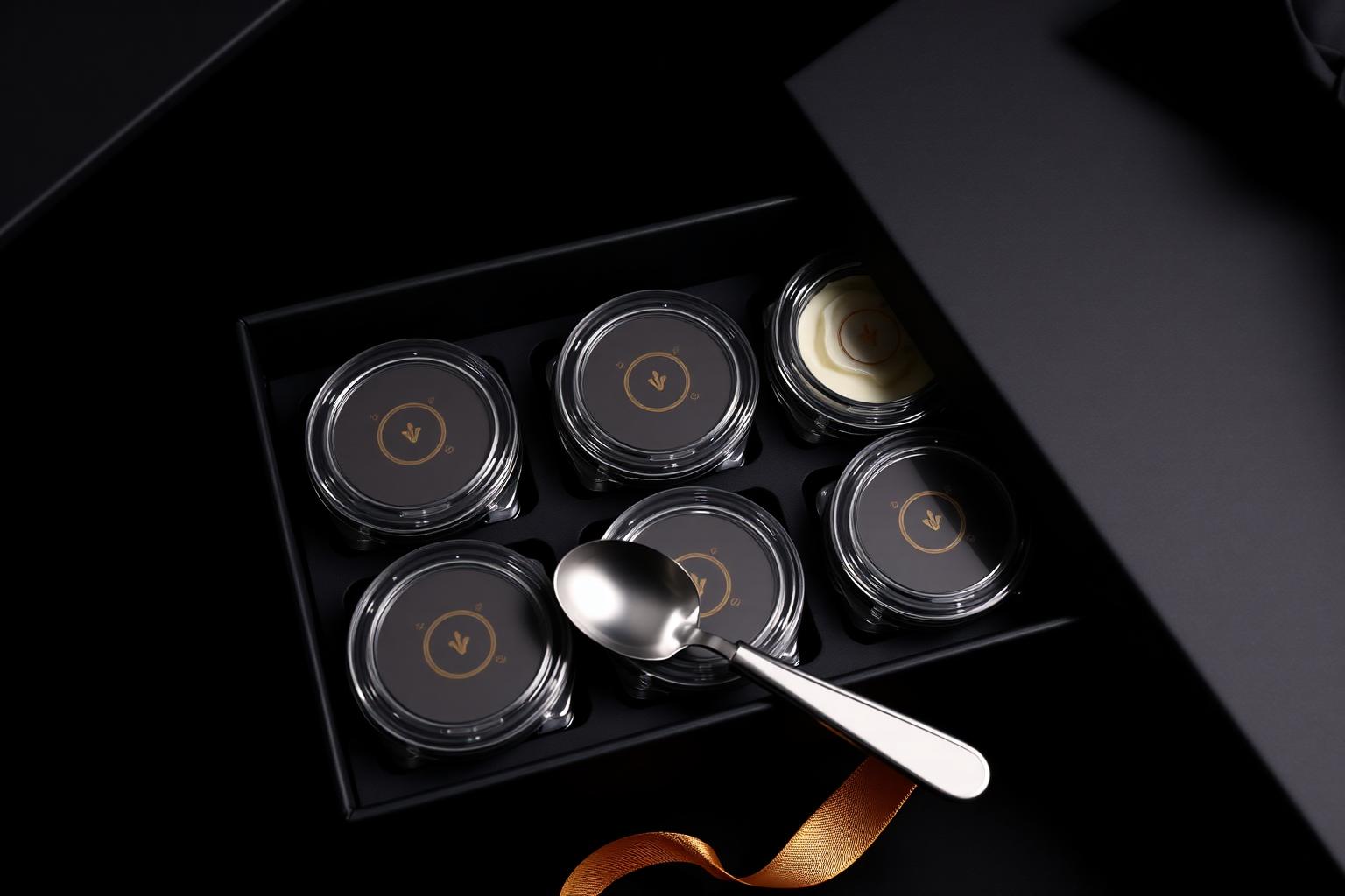 The Scoop Flight™ — premium matte black gift box with six flavors and stainless scoop